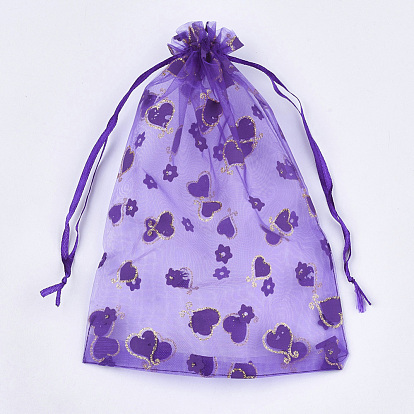 Printed Organza Bags, Gift Bags, with Glitter Powder, Rectangle with Heart