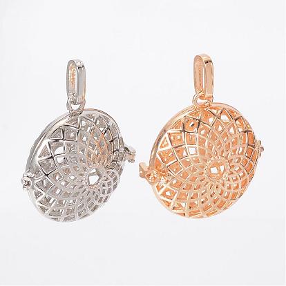 Filigree Flat Round Brass Cage Pendants, For Chime Ball Pendant Necklaces Making, Cadmium Free & Lead Free, 35x34x17mm, Hole: 9x3.5mm, 27mm Inner Diameter