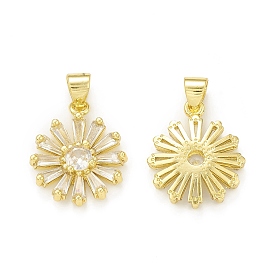 Rack Plating Brass Micro Pave Clear Cubic Zirconia Pendants, Cadmium Free & Lead Free, Long-Lasting Plated, Daisy Flower Charm