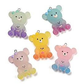 Gradient Color Resin Pendants, Frosted Bear Charms with Platinum Plated Iron Loops