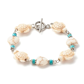 Bracelet en perles synthétiques turquoise (teint) coeur et tortue, bracelet porte-bonheur pour femme, platine