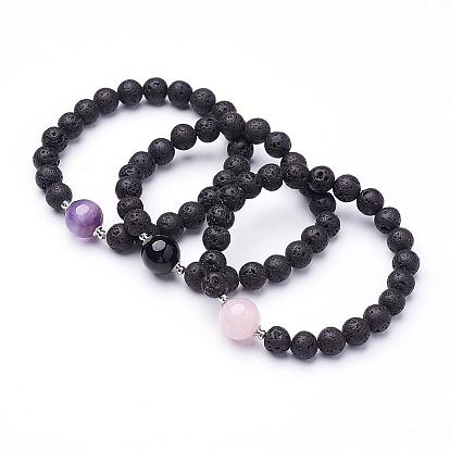 Bracelets extensibles perlés en pierre de lave naturelle, avec d'autres pierres précieuses perles mélangées