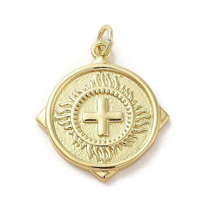 Brass Pendants, with Jump Ring, Flat Round with Cross