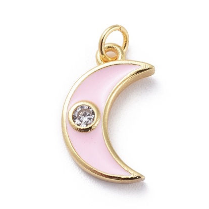 Cubic Zirconia Charms, with Brass Findings and Enamel, Moon, Golden