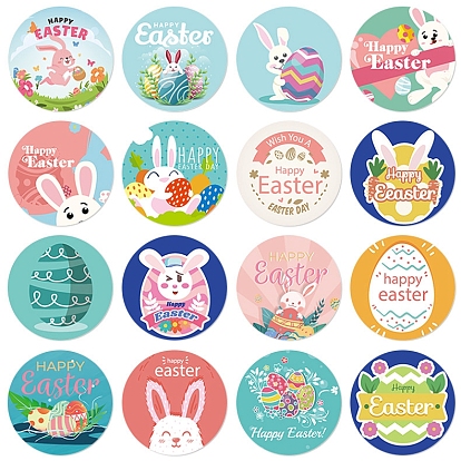 8 Patterns Easter Theme Paper Self Adhesive Rabbit Stickers Rolls, for Suitcase, Skateboard, Refrigerator, Helmet, Mobile Phone Shell