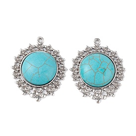 Synthetic Turquoise Pendants, with Alloy Findings, Flat Round Charms