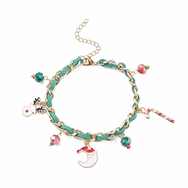 Christmas Candy Cane & Reindeer & Moon Alloy Charm Bracelet with Glass Beads, Bracelet with Aluminium Curb Chains for Women, Golden