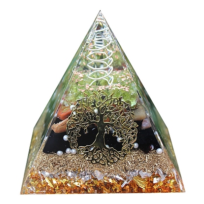 Generadores de energía de resina de pirámide de orgonita, Cristal de cuarzo natural Reiki y chips de obsidiana natural en el interior para decoración de escritorio de oficina en casa, árbol de la vida