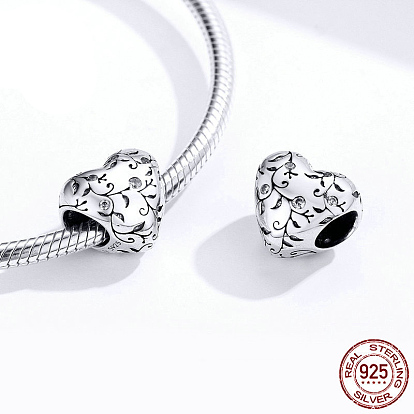 925 Sterling Silver Euorpean Beads, with Cubic Zirconia, Heart