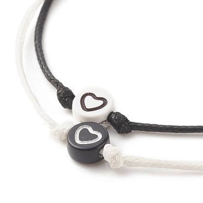 2 piezas 2 conjunto de pulseras de cordón planas y redondas de color con cuentas de corazón, pulsera de amistad ajustable para mujer