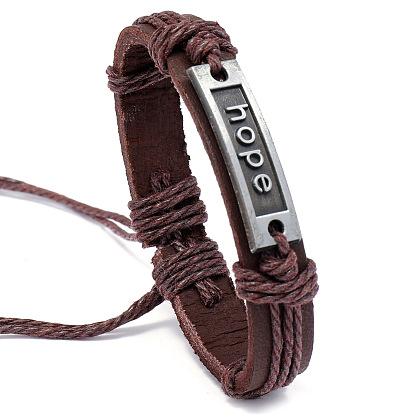 Adjustable Cowhide Cord Bracelets for Men, Antique Silver Tone Word Hope Alloy Links Bracelets