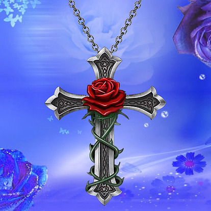 Gothic Creative Rose Flower Pattern Hip-hop Cross Pendant Necklace