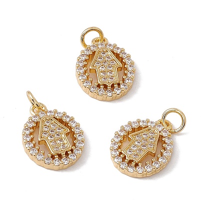 Brass Micro Pave Clear Cubic Zirconia Pendants, with Jump Ring, Cadmium Free & Nickel Free & Lead Free, Rack Plating, Oval with Hamsa Hand Pattern