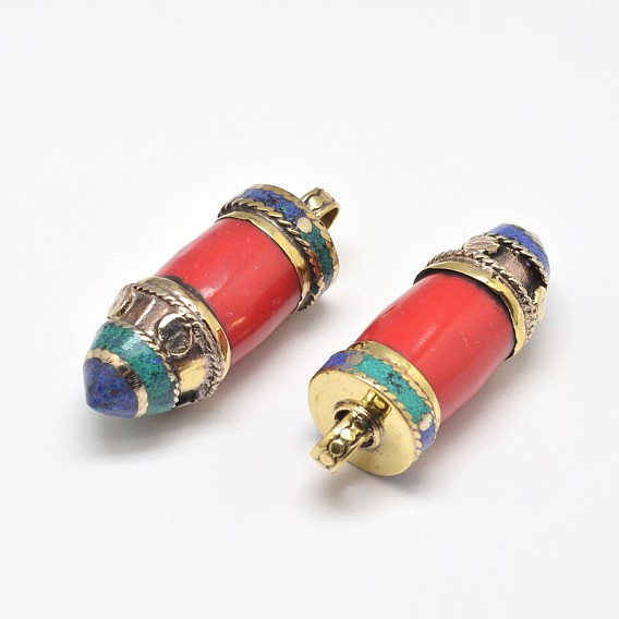 Bullet Tibetan Style Pointed Pendants, Brass Findings with Synthetic Coral, Antique Golden, 46x16mm, Hole: 6mm