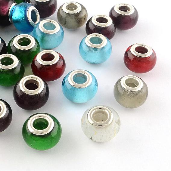 Handmade Silver Foil Glass European Beads, with Silver Color Plated Brass Cores, Rondelle, 14x10mm, Hole: 5mm
