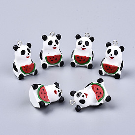 Resin Pendants, with Platinum Tone Iron Loops, 3D Panda with Watermelon