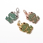 Brass Micro Pave Green Cubic Zirconia Pendants, with Jump Rings, Long-Lasting Plated, Frog with Crown