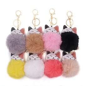Imitation Rabbit Fur Furry Pom-Pom Keychain for Women, with Pu Leather Cat Pendant Keychain