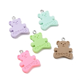 Opaque Resin Pendants, with Platinum Plated Iron Loops, Bear Charm with Word Friends