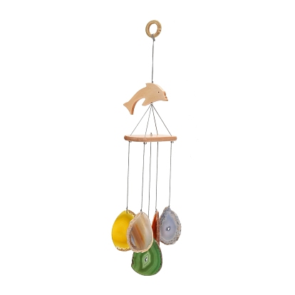 Wood & Natural Dye Agate Wind Chime Pendants, Chakra Stones Wall Hanging Ornament, for Home Decor