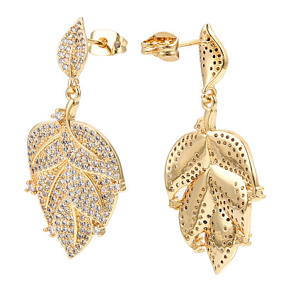 Boucles d'oreilles pendantes feuille d'érable avec zircone cubique transparente, bijoux en laiton pour femmes