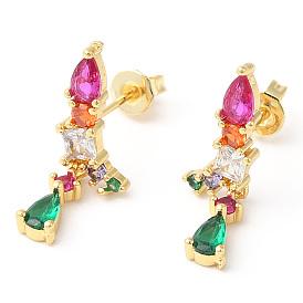 Colorful Cubic Zirconia Teardrop Dangle Stud Earrings, Rack Plating Brass Jewelry, Lead Free & Cadmium Free