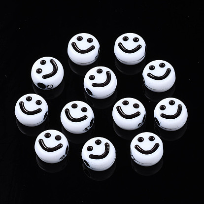 Opaque Acrylic Beads, Flat Round with Smiling Face