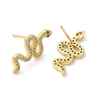 Rack Plating Brass Snake Stud Earrings with Cubic Zirconia, Lead Free & Cadmium Free