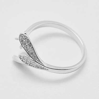 Adjustable 925 Sterling Silver Cuff Rings, Open Rings Components, For Half Drilled Beads, with Cubic Zirconia, Flower and Leaf, Size 6