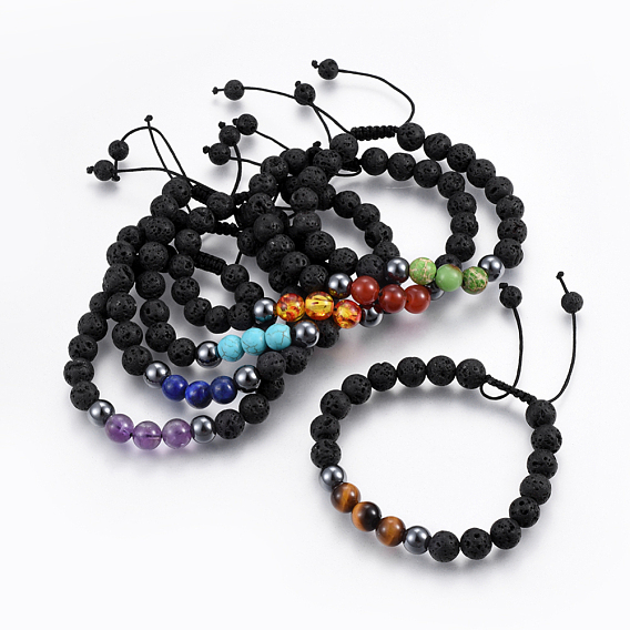 Natural Lava Rock and Non-Magnetic Synthetic Hematite Beads Braided Bead Bracelets, with Natural & Synthetic Mixed Gemstone