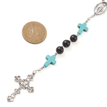 Synthetic Turquoise & Wood Rosary Bead Necklace, Alloy Cross & Virgin Mary Pendant Necklace for Religion
