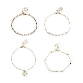 Bracelets de cheville en alliage de style pcs 4 sertis de perles de résine et de breloques rondes plates, bracelets de cheville de tennis en zircone cubique transparente pour femmes