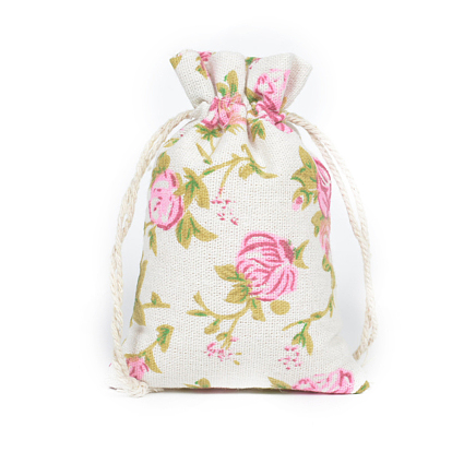 Bolsas de embalaje de tela de algodón bolsas con cordón, rectángulo con patrón de rosa/floral/rama/flor