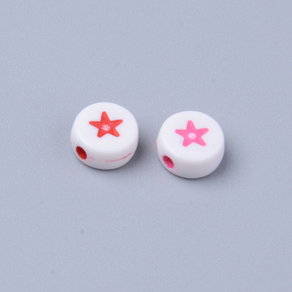 Opaque White Acrylic Beads, Flat Round with Star
