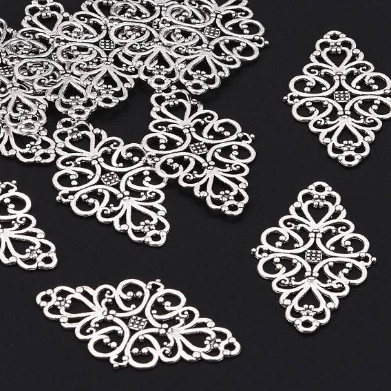 Tibetan Style Alloy Rhombus Filigree Joiners Links, Cadmium Free & Lead Free, 42x25x1mm, Hole: 2mm