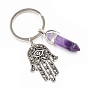 Natural & Synthetic Gemstone Pendant Keychains, with Alloy Pendants and Iron Rings, Bullet Shape with Hamsa Hand