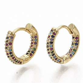Brass Micro Pave Colorful Cubic Zirconia Hoop Earrings, Round Ring, Real 16K Gold Plated