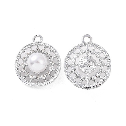 Alloy Rhinestone Pendants, with ABS Plastic Imitation Pearl Beads, Flat Round Charm
