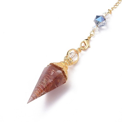 Resin Hexagonal Pointed Dowsing Pendulums(Brass Finding and Gemstone Inside), with Brass Chain, Chakra, Faceted, Cone