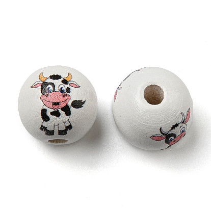 Spray Painted Natural Wood European Beads, Round with Mixed Cow Pattern