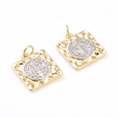 Brass Pendants, with Jump Rings, Long-Lasting Plated, Square with Saint Benedict Medal