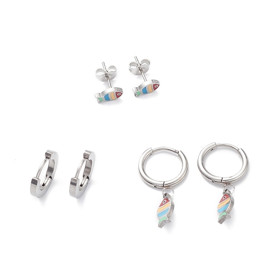 3 Pairs 3 Style Enamel Fish Dangle Hoop Earrings, 304 Stainless Steel Stud Earrings for Women