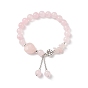Natural Rose Quartz Round & Heart & Chips Beaded Stretch Bracelet, Alloy Flower Beads Adjustable Bracelet with Tassel Charms for Women