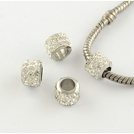 Rondelle hecha a mano de la arcilla de polímero de diamantes de imitación granos europeos, con núcleos de latón plateado color plata, abalorios de grande agujero, 9x7 mm, agujero: 5 mm