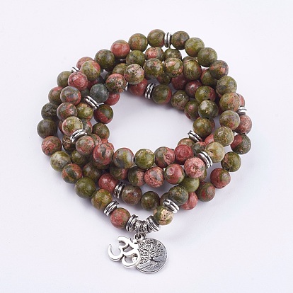 Natural Gemstone Wrap Bracelets, with Alloy Finding, Ohm and Tree of Life