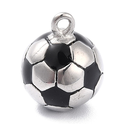 304 Stainless Steel Pendants, with Black Enamel, 3D Football