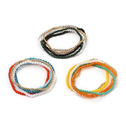 Наборы стрейч браслеты, штабелируемые браслеты, с настоящими 18 позолоченными латунными бусинами и стеклянными бусинами., круглые и круглые