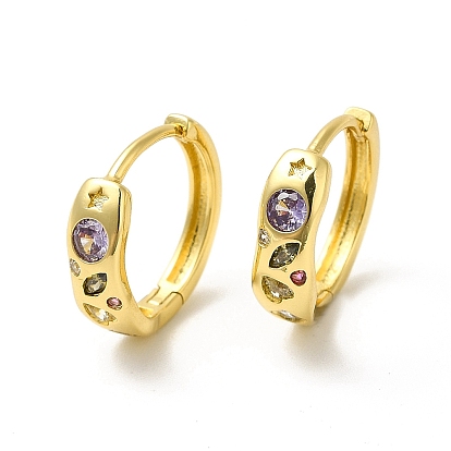 Cubic Zirconia Star & Heart Geometry Hoop Earrings, Real 18K Gold Plated Brass Jewelry for Women, Cadmium Free & Nickel Free & Lead Free