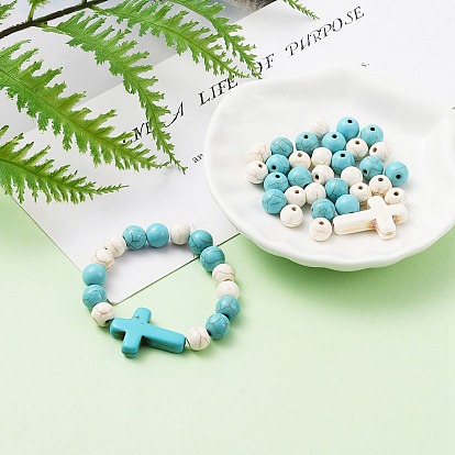 DIY Cross Bracelet Making Kit, Including Synthetic Magnesite & Turquoise Beads, Elastic Thread