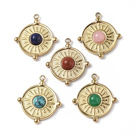 Vacuum Plating 201 Stainless Steel Natural Gemstone Pendants, Real 18K Gold Plated, Flat Round Charms